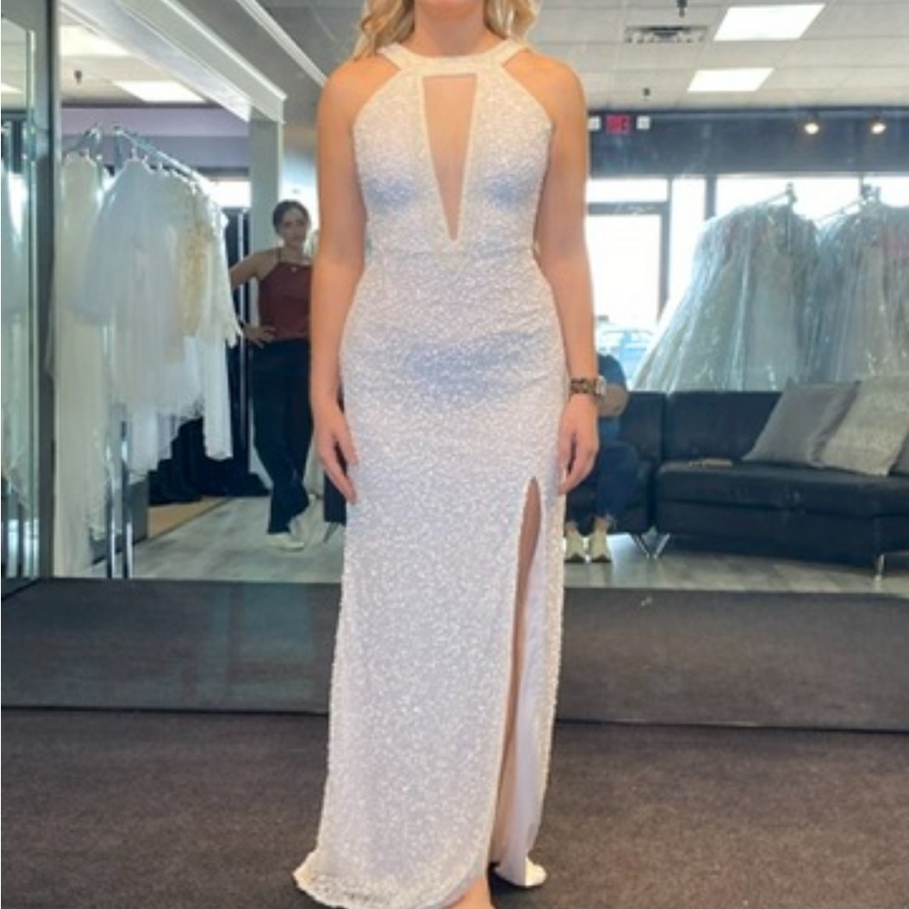 Scala White Sequin Gown with Plunge Neckline and Slit